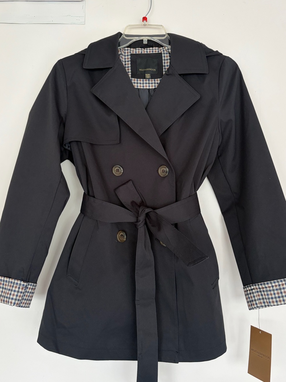 Weatherproof Black Double-Breasted Trench with Belted Waist